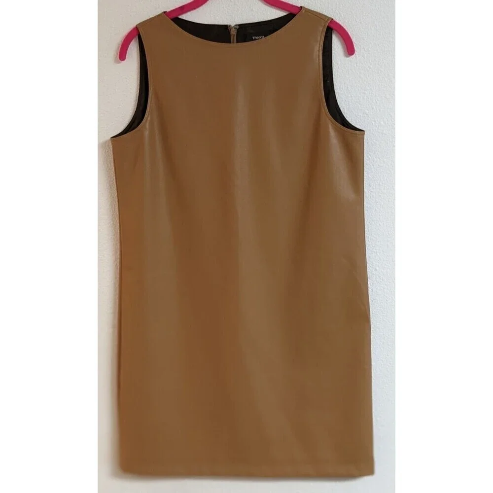 NWOT~Women's THEORY Tan Faux Leather Mod Sleeveless Shift Dress 6 - Picture 3 of 11